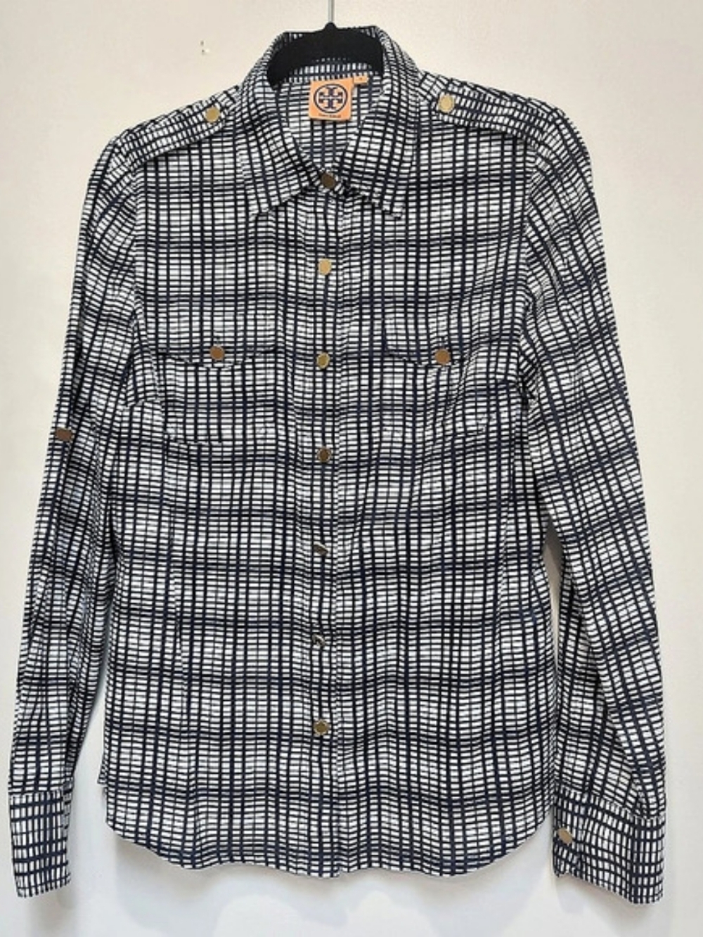 Tory Burch Geometric Button Down in Black & White Like New Size 8